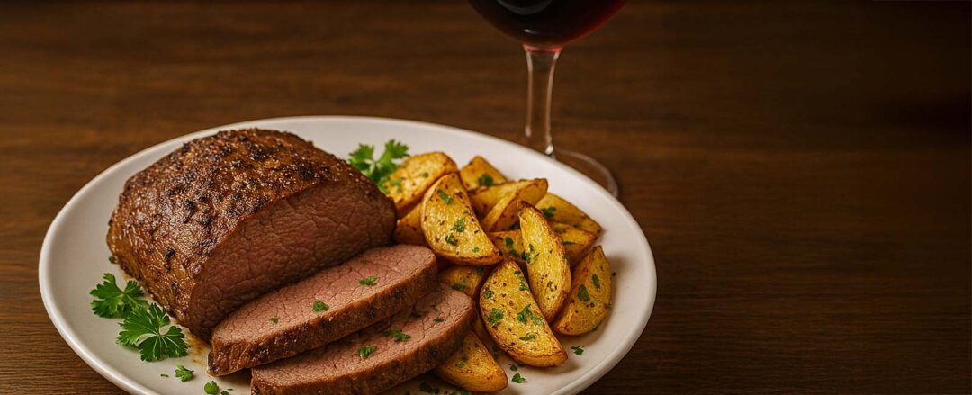 Plato de asiento de vacuno al horno con papas rústicas y copa de vino tinto