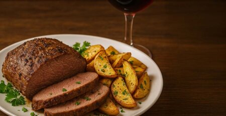 Plato de asiento de vacuno al horno con papas rústicas y copa de vino tinto