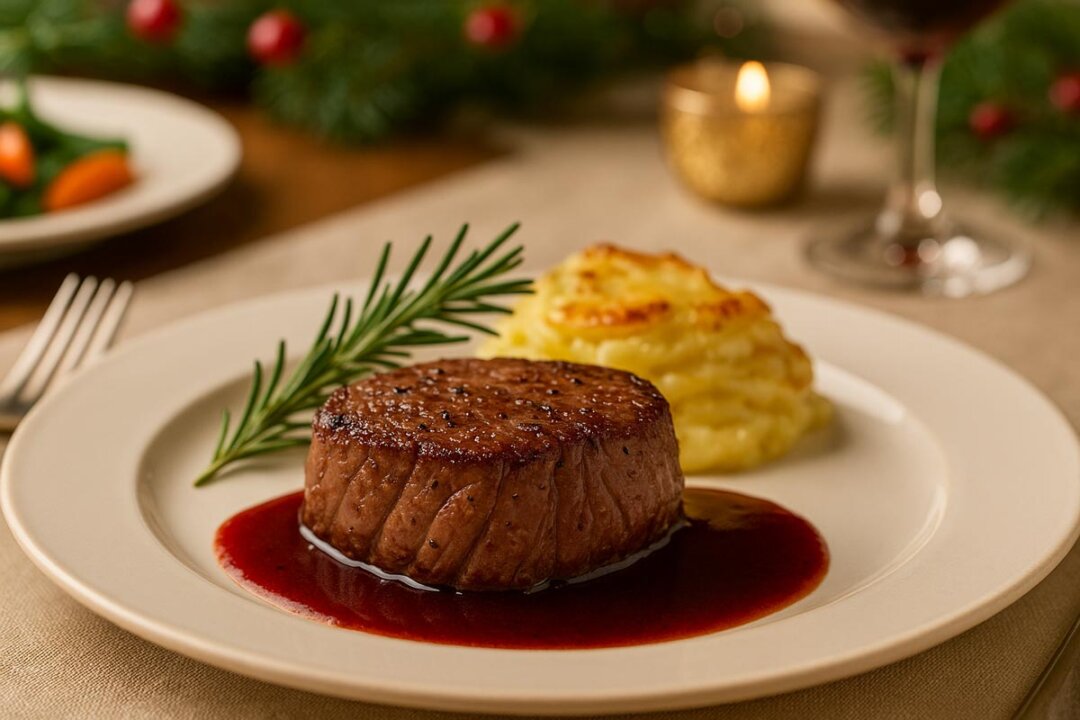 filete mignon navidad servido con salsa de vino