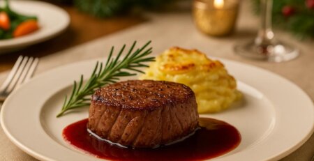 filete mignon navidad servido con salsa de vino