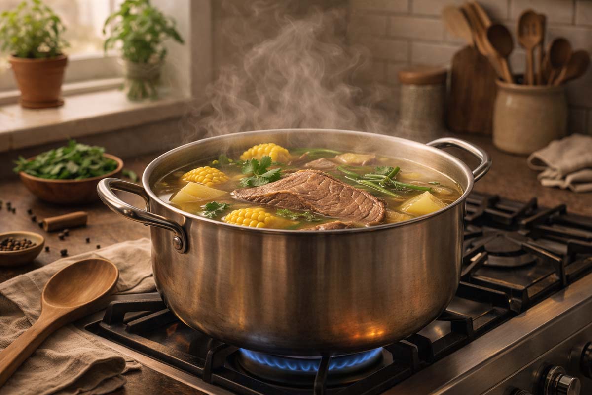 Tapapecho en cocción lenta en olla sobre cocina con caldo, verduras y vapor en ambiente cálido