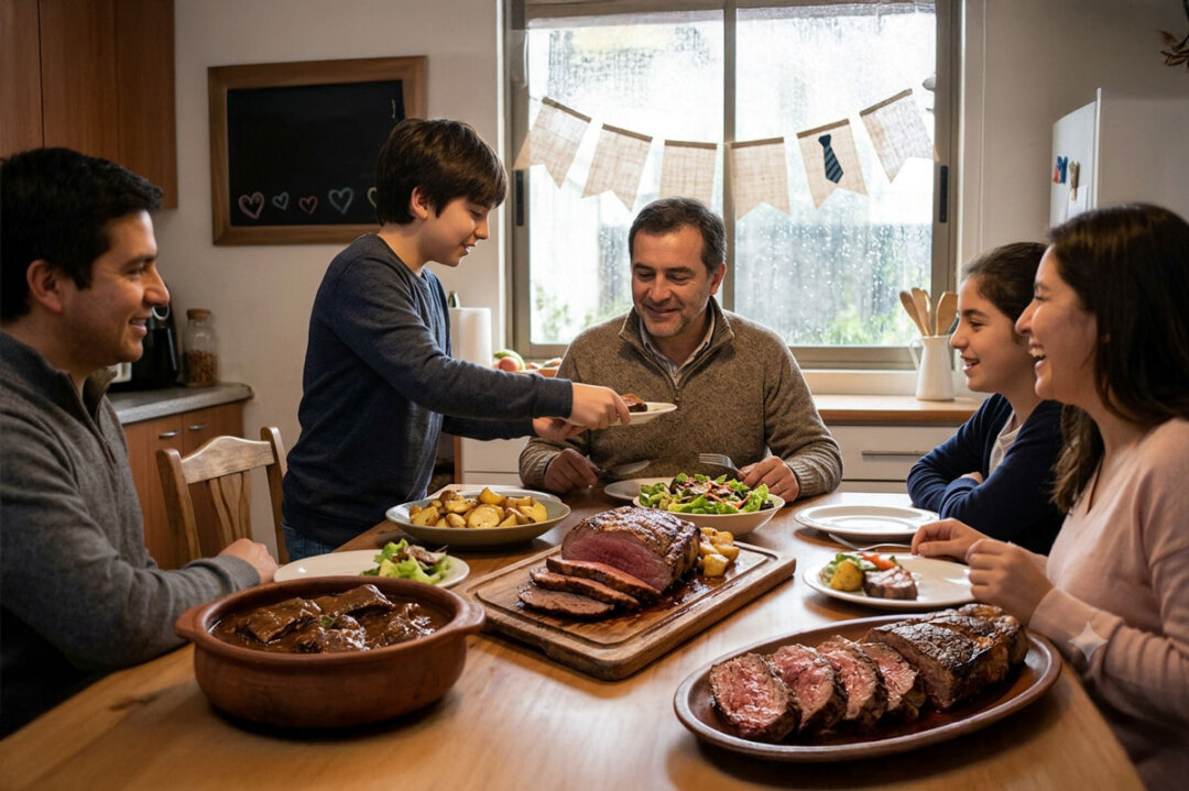 Almuerzo familiar en interior con cortes de carne para el Día del Padre de Carnes El Quincho en un día lluvioso.