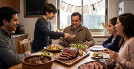 Almuerzo familiar en interior con cortes de carne para el Día del Padre de Carnes El Quincho en un día lluvioso.