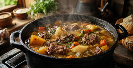 Sopa de carne con tapapecho y verduras de invierno