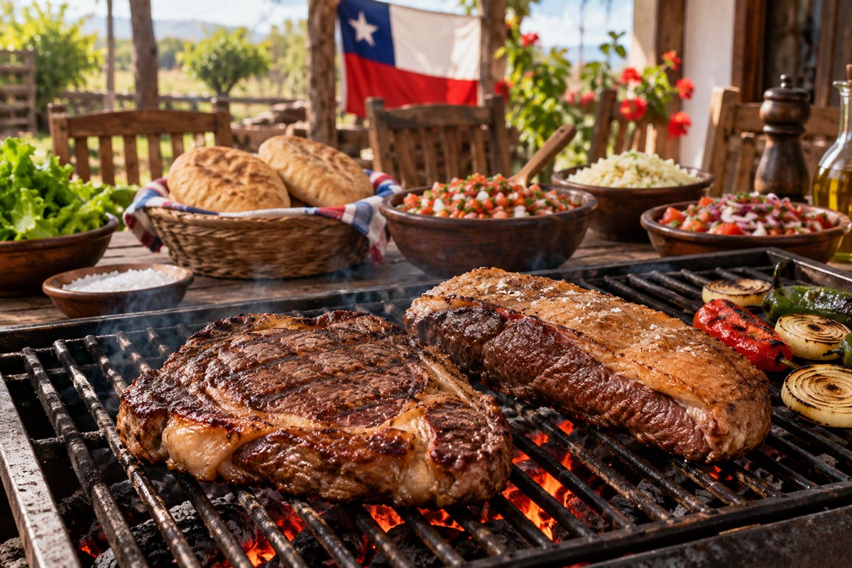 Carne para asado con lomo vetado y punta picana en parrilla chilena