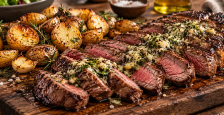 Flat Iron a la plancha con mantequilla de ajo y papas doradas